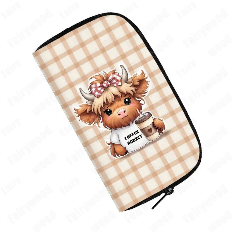 Highland Cow Print wallet Baby Scottish Highland Cows Having Coffee/ Bubble Tea Women Credit Card Holder Long Wallet Money Purse