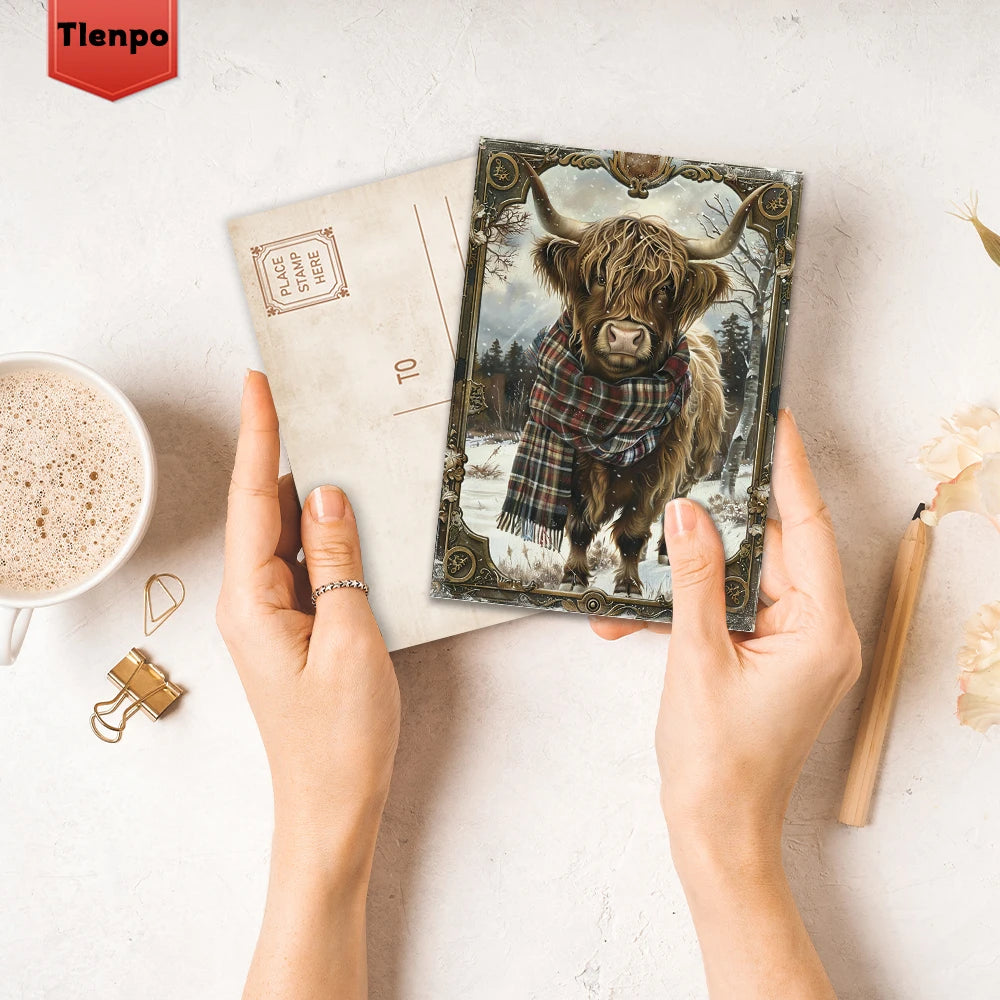 32pcs Christmas Highland Cow Postcards, Holiday Gifts,Bedroom Decor,Thick Cardstock,High Definition Printing,Collectible Cards