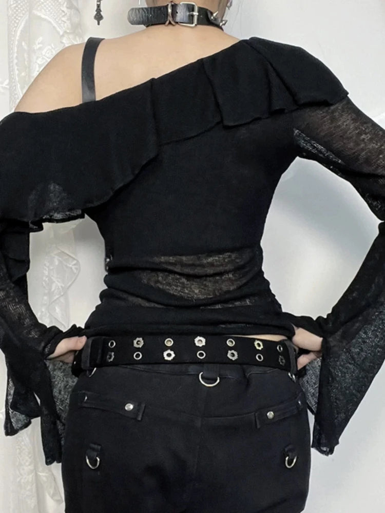 Deeptown Black Gothic Graphic T-Shirts Women Y2k Grunge Punk Off Shoulder Tees Sexy See Through Tops Vintage Flared Sleeve Tees