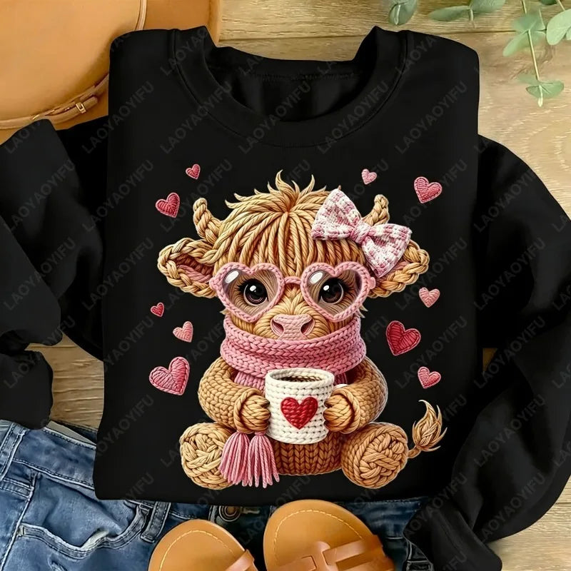 Highland Cow Valentine Day Imitation Knitting Coquette Coffee Preppy Lovely Style Casual Winter Pullover Cute Retro Women Hoody