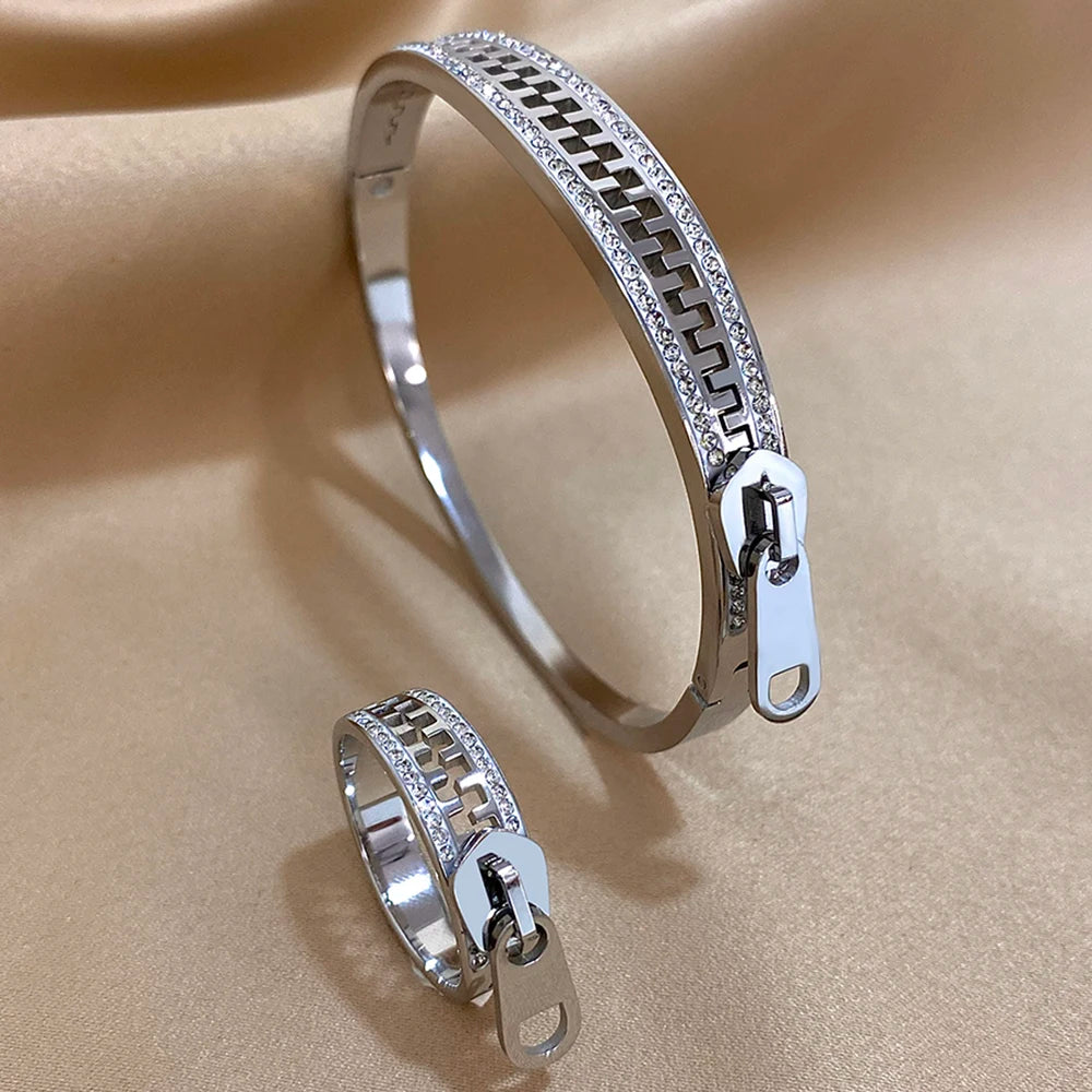 AENSOA Luxurious Zipper Style Stainless Steel Waterproof Rust Resistant Bracelets Inlaid Rhinestone Gold Plated Bracelet Bangles