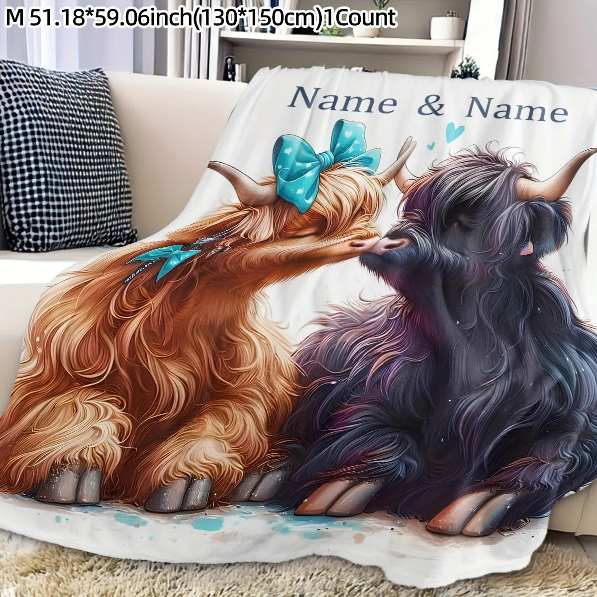 Customized name highland cow blanket personalized text, comfortable flannel blanket suitable for all seasons