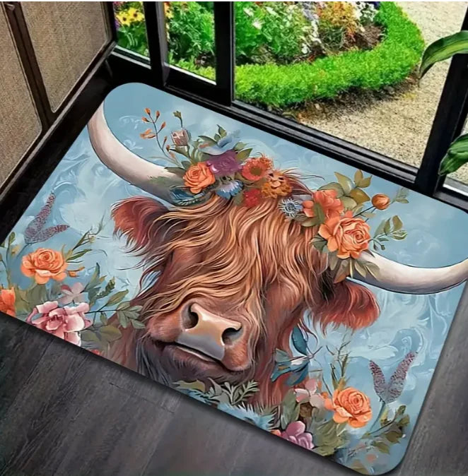 Enchanting Highland Cows Welcome Door Mats Rustic Wooden Board Flowers Entrance Bathroom Bedroom and Living Room Cow Decoration