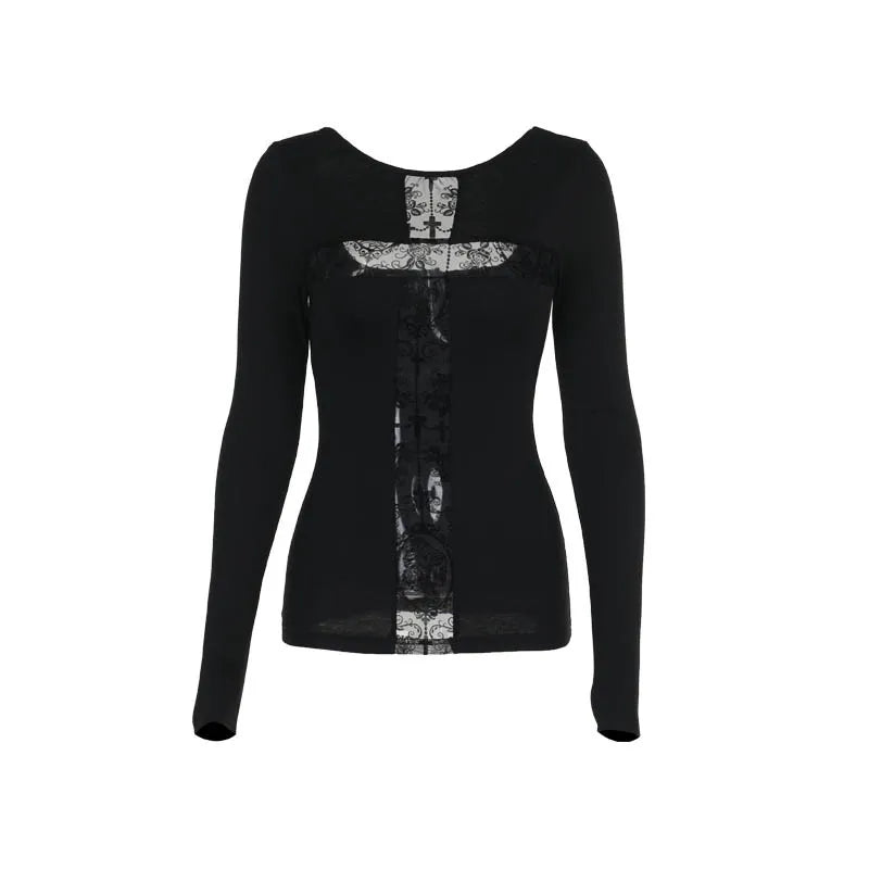 Gothic T-shirt for Women Sexy Hollow Out Mesh Cross Half Turtleneck Black Slim Soft Velvet Long Sleeve Crop Tops