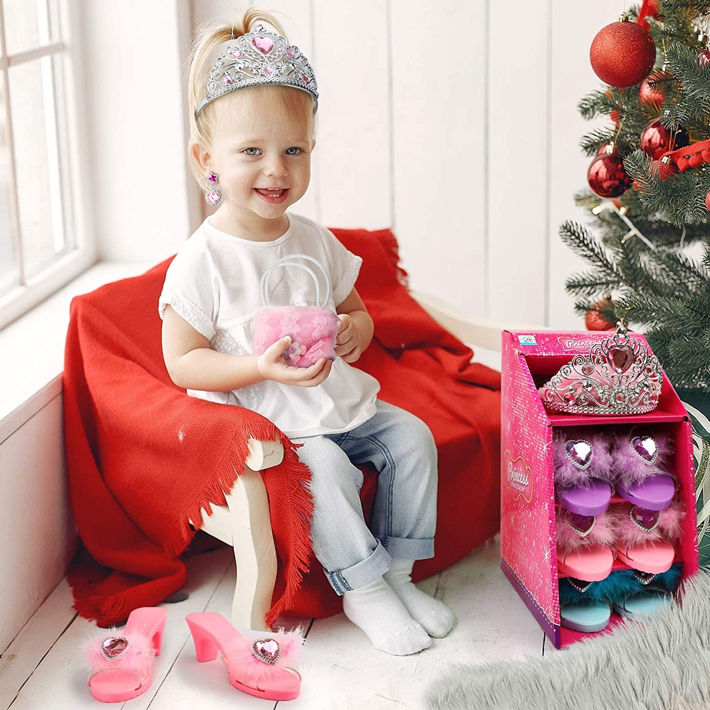 Princess Girl Dress-up Shoes, Role-playing Jewelry Toy Set 3 Pairs of Princess Shoes, Crown Earrings Necklace Ring Handbag Role-playing Shoe Set, Halloween Christmas Gift, Suitable for 3-6 Years Old