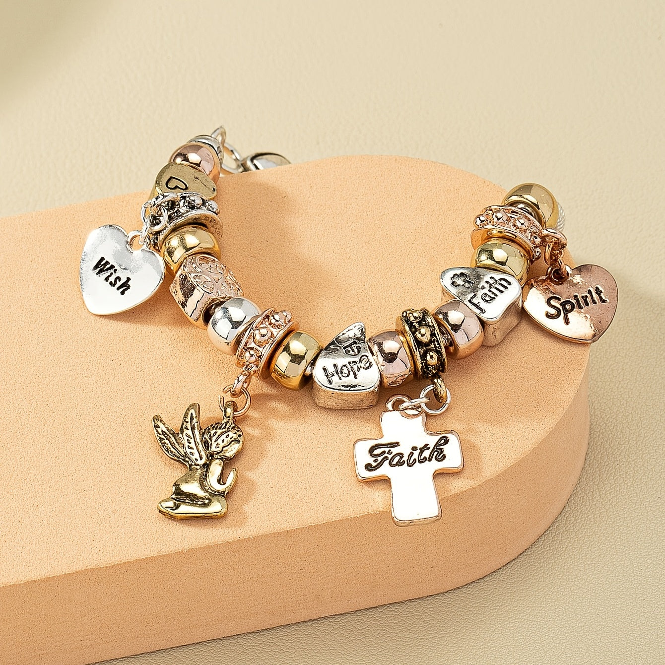 Snake Chain Beaded Bracelet Cross & Love Heart Etc Shape Pendant Sweet Alloy Bracelet For Women