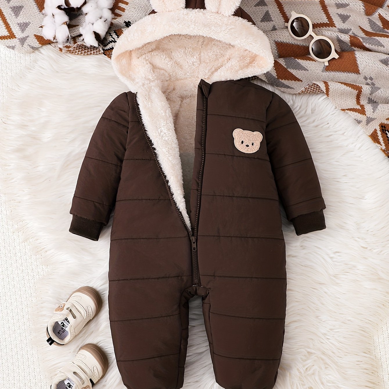 Baby Boy Winter Jumpsuit, Soft Plush Onesie with Hood, Warm Outfit Easy Diaper Change Loose Fit, Newborn Clothing for Infant & Toddler, Perfect for Cold Weather Outdoor & Photoshoots