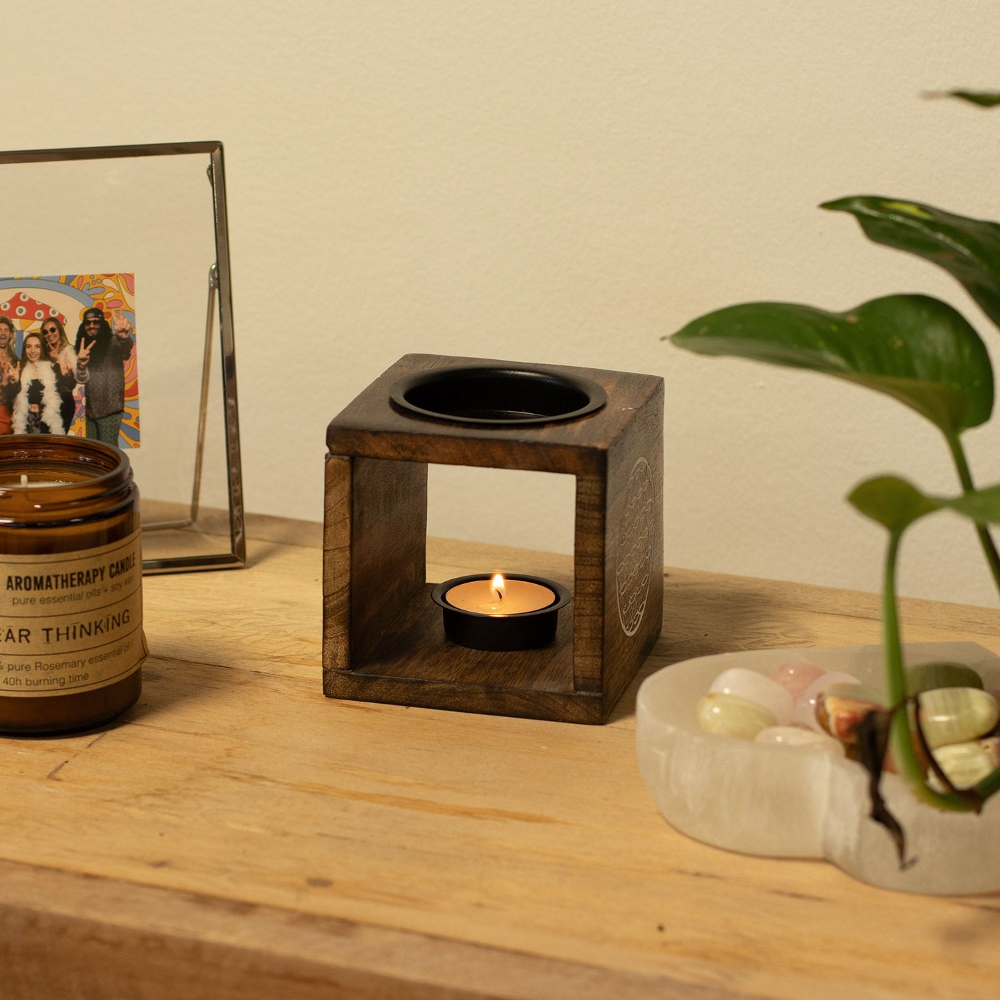 Square Mango Wood Oil Burner - Yin Yang