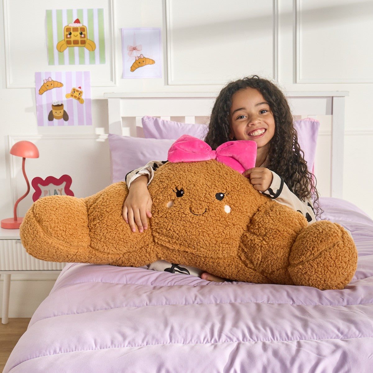 Chloe The Bow Croissant Cuddle Cushion - Natural/Hot Pink 45 x 40 x 30cm