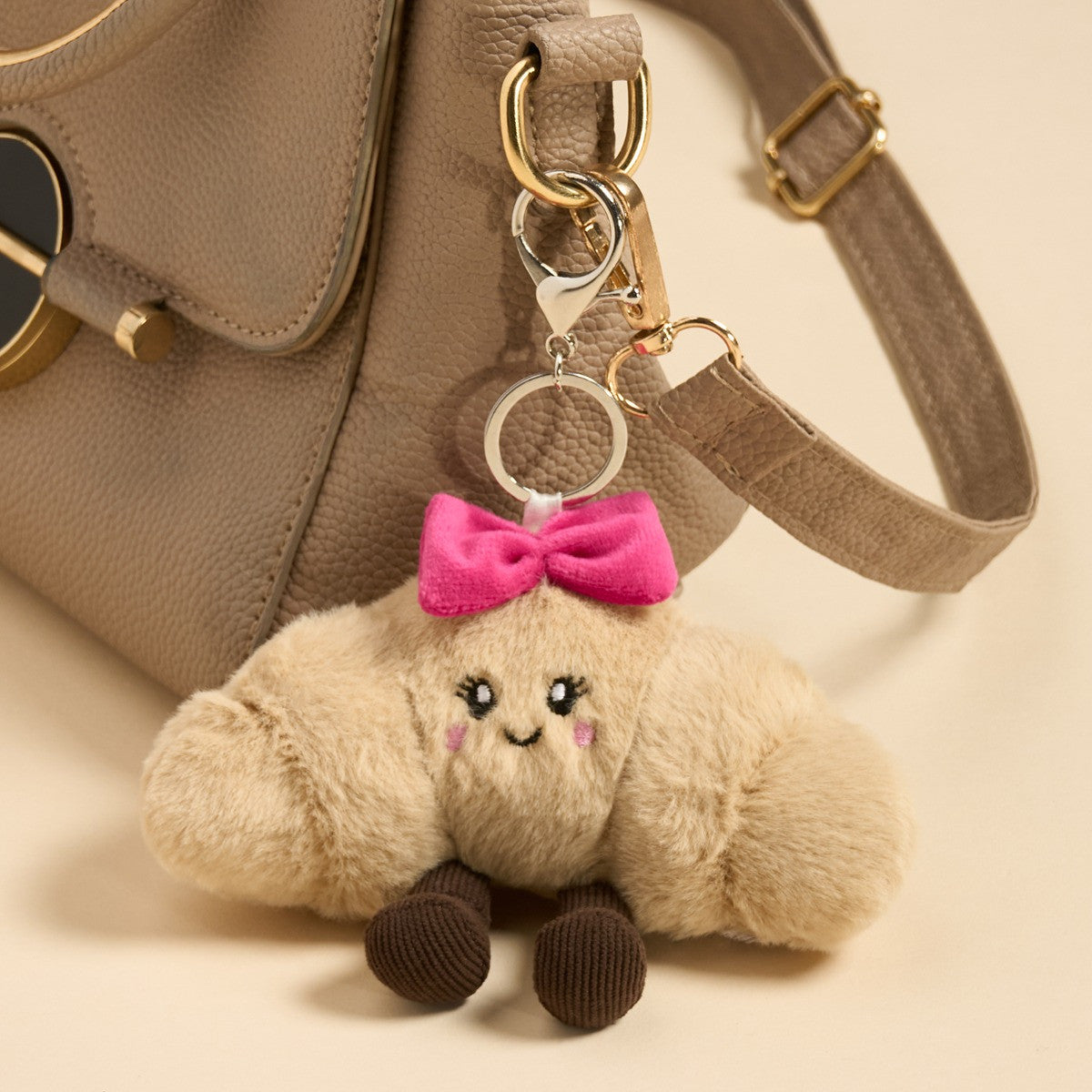 Chloe The Bow Croissant Keyring - Natural/Hot Pink 8cm