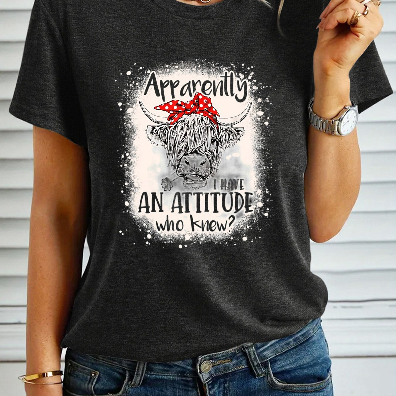 Women's Fashion T-shirt, "Apparently I Have An Attitude Who Knew" Highland Cow Pattern Casual Short Sleeve Top
