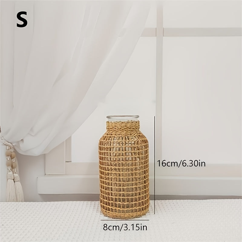 1pc Boho Glass Flower Vase With Rattan Cover, Farmhouse Flower Bud Vase, Round Decorative Flower Vase Floral Container Flower Bottle For Floral Arrangements Housewarming Party Home Decor
