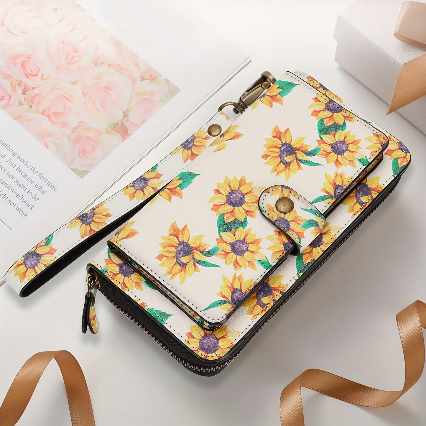 Flower Pattern PU Leather Zipper Handbag Fashion Large Capacity Long Wallet Clutch Bag Phone Bag Multi-card Card Holder Coin Purse Wallet