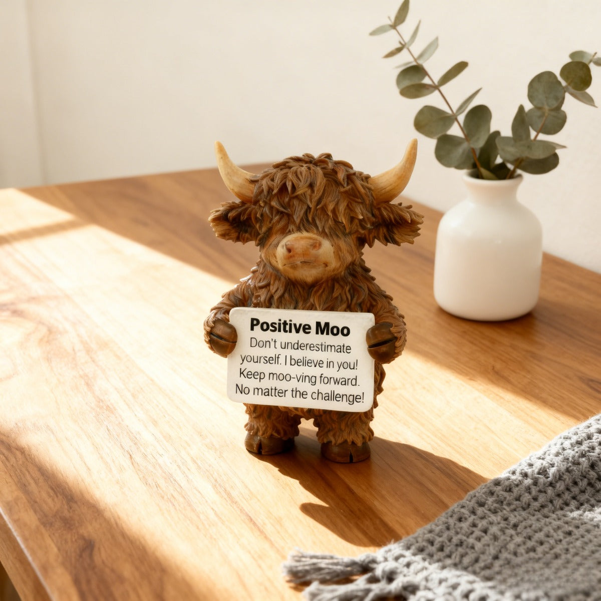 1pc Positive Highland Cow Resin Statue | Home Decor for Living Room, Bedroom, Office, Bookshelf, Tabletop Decor, Motivational Gift for Women, Moms, Friends, Students, Art Deco Style, Resin Material