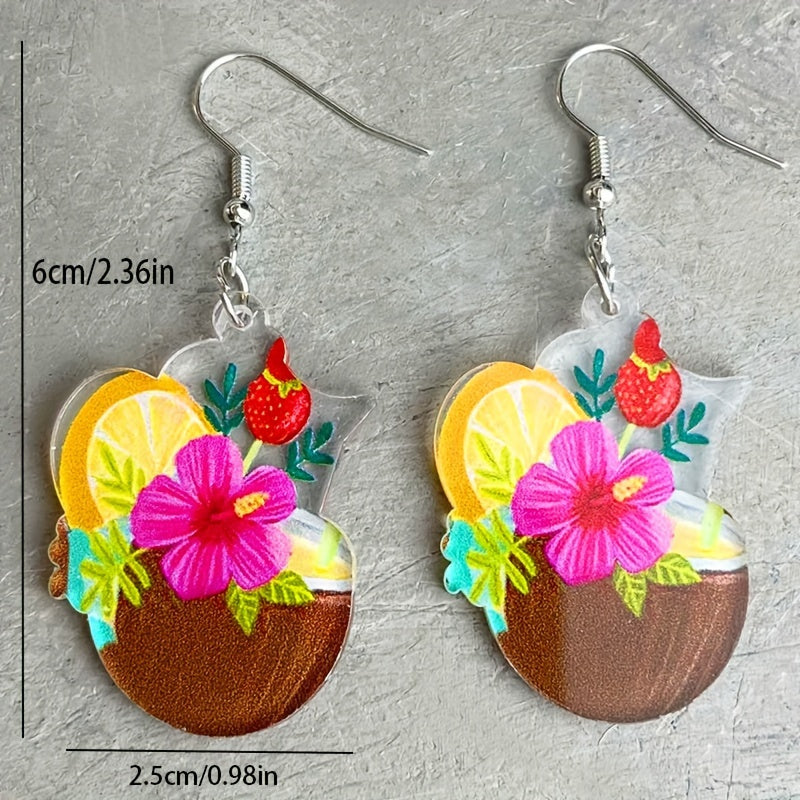 Bohemian Vacation Style Coconut Flower Cold Drinking Dangle Earrings Plastic Jewelry Summer Beach Party Earrings