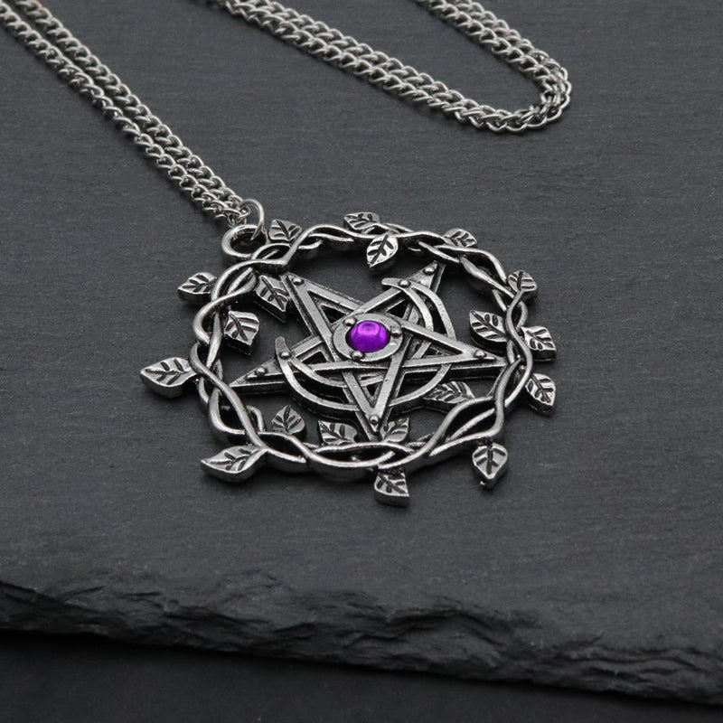 Vintage Pentagram Leaf Mosaic Purple Gemstone Pendant Necklace Women Fashion Wedding Party Jewelry Gifts