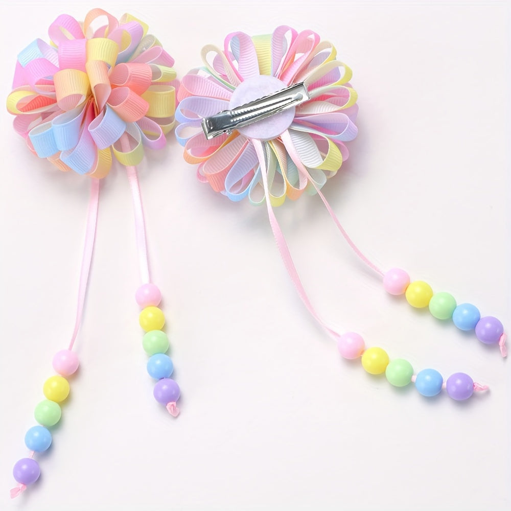 2pcs Adorable Rainbow Hydrangea Floral Hair Clips for Little Girls - Vibrant Grosgrain Ribbon with Tassels, Perfect for Birthday Parties & Celebrations, Flower Girl Hair Accessories