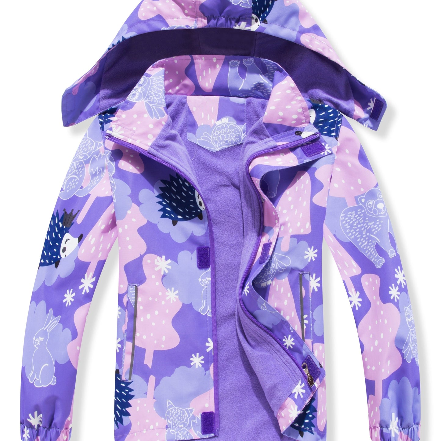 Girls' Gradient Color Hooded Jacket - Lightweight Windproof Winter Coat with Removable Hood, Zipper Closure & Animal Print Design for Casual Outings & Outdoor Play, Hooded Coat, Playful Design