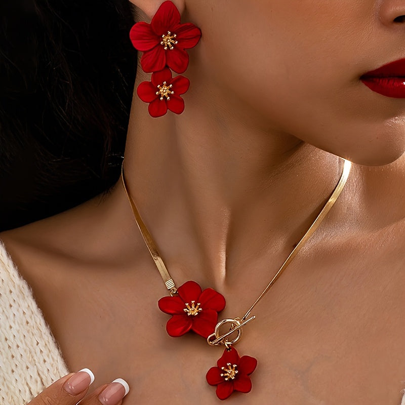 2pcs/set Fashionable and Elegant Flower Pendant Necklace and Earrings Jewelry Set Suitable for Women's Daily Gatherings, Parties, Holiday Travel, and as a Gift for Your Wife on Festivals