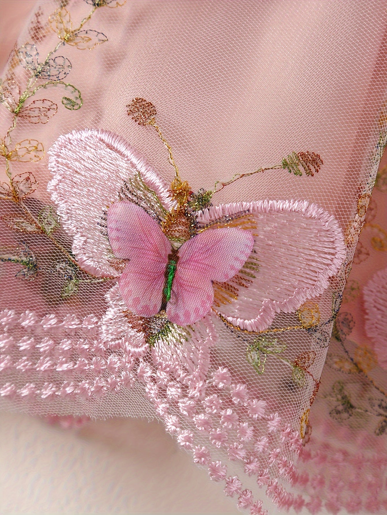 3pcs Set for Baby Girls Featuring a New Spring And Autumn Design with 3D Butterfly Embroidery, a Mesh Dress, a Short Outer Top with Ruffled Textured Sleeves, And a Bow Headband, for Outdoor