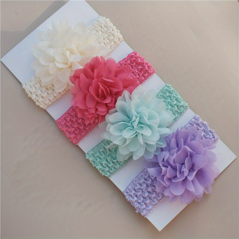 4pcs Cute Chiffon Flower Knit Headband, Soft Comfortable Breathable Elastic Headband, Decorative Hair Accessories Photography Props For Baby Girls