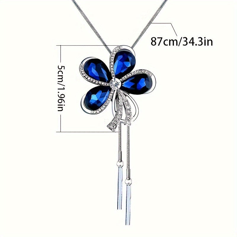Personality Sparking Artificial Blue Crystal Flower Clothing Pendant Sweater Chain Women's Long Necklace