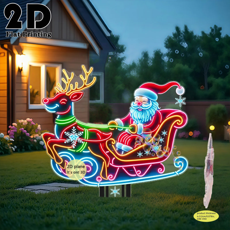 2D Flat, 1pc Neon-Lit Self-Lit Santa & Reindeer Sleigh Garden Stake - Glowing Outdoor/ Christmas Yard Decoration with Plug-Free, Durable Plastic Lawn Sign for Ground, Flower Beds, Parties (Easy Install, Holiday Decor), 2D Fla