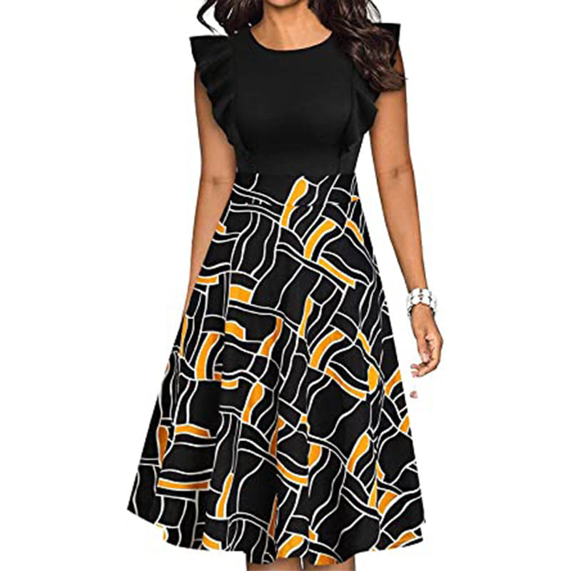 Women's Ruffle Sleeve Slim-fit Printed Dress