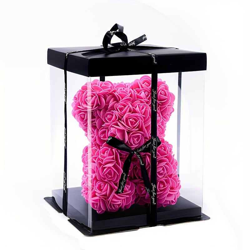 20cm Deluxe Artificial Rose Bear Flower Arrangement - Exquisite Foam Roses in Decorative Container for Romantic Home Decor, Festive Celebrations, and Thoughtful Gift-Giving - Perfect for Valentine's Day, Mother's Day, Anniver