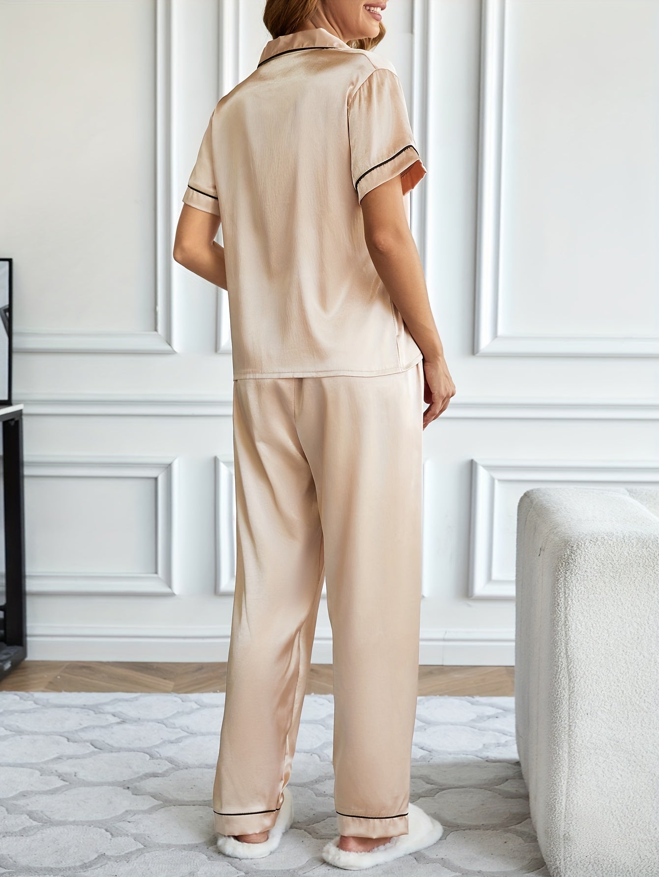 Valentine's Day Satin Pajamas Set - Soft, Lightweight, Embroidered Button-Up Blouse Top and Elastic Waistband Pajama Pants for Women's Loungewear and Sleepwear - Perfect Gift Idea for Her