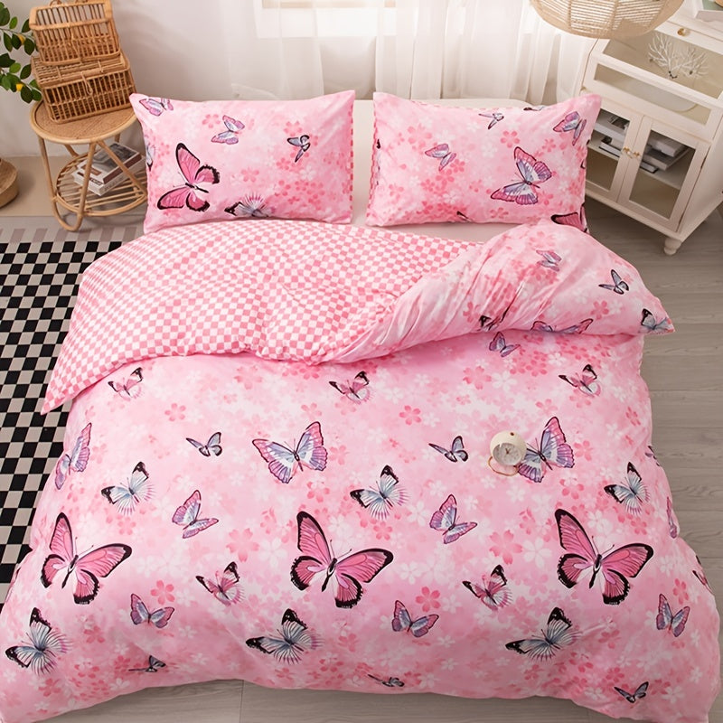 3pcs Fashion Fresh Duvet Cover Set, Butterfly Flower Print Bedding Set, Soft Comfortable Breathable Duvet Cover, For Bedroom Guest Room Decor (1*Duvet Cover + 2*Pillowcase, Without Core)