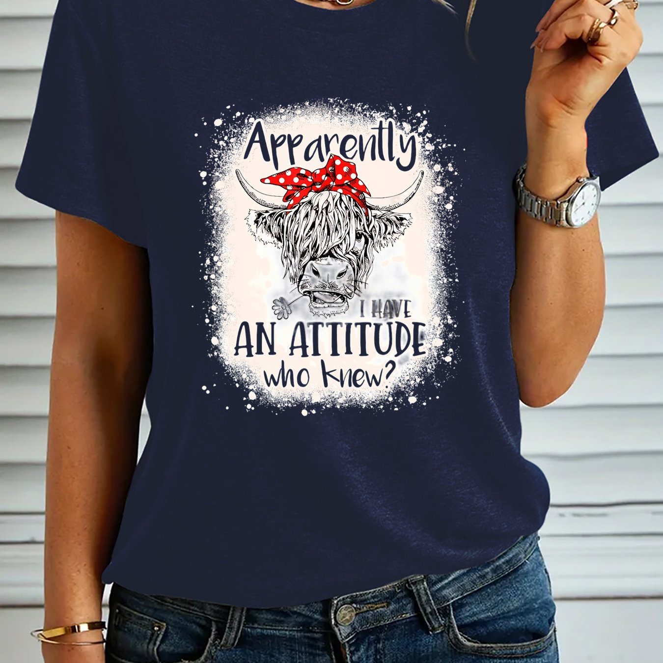 Women's Fashion T-shirt, "Apparently I Have An Attitude Who Knew" Highland Cow Pattern Casual Short Sleeve Top