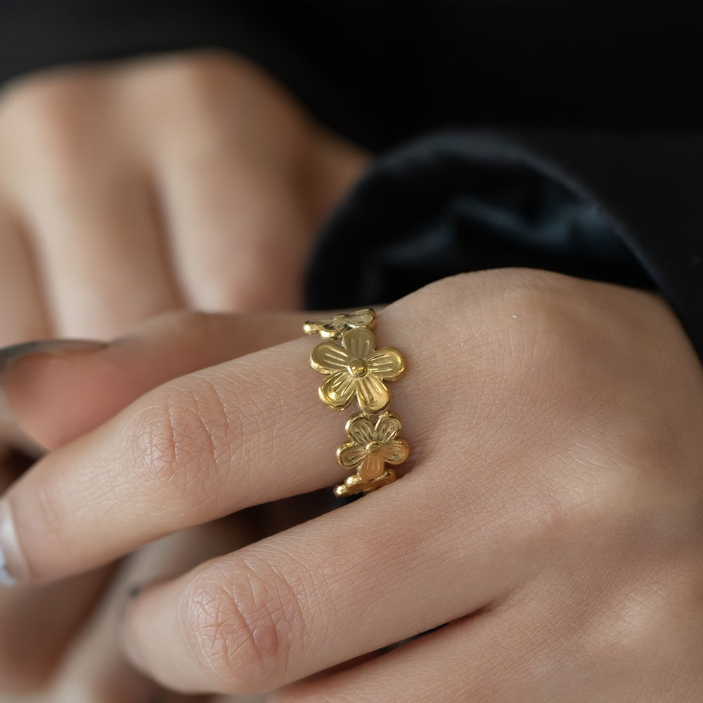 Fashion Stainless Steel Golden Flower Open Ring, Adjustable Rings, Girls Cute Hand Jewelry
