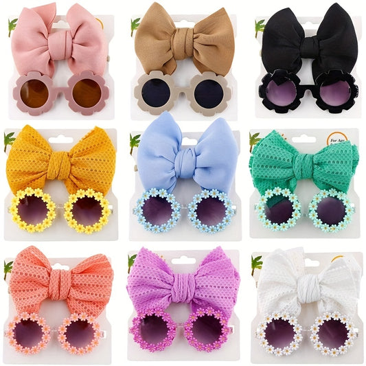 Cute Outdoor Beach Baby Girl Gift Set - 2 Pieces Butterfly Tie Hair Band & Round Flower Fashion Glasses!