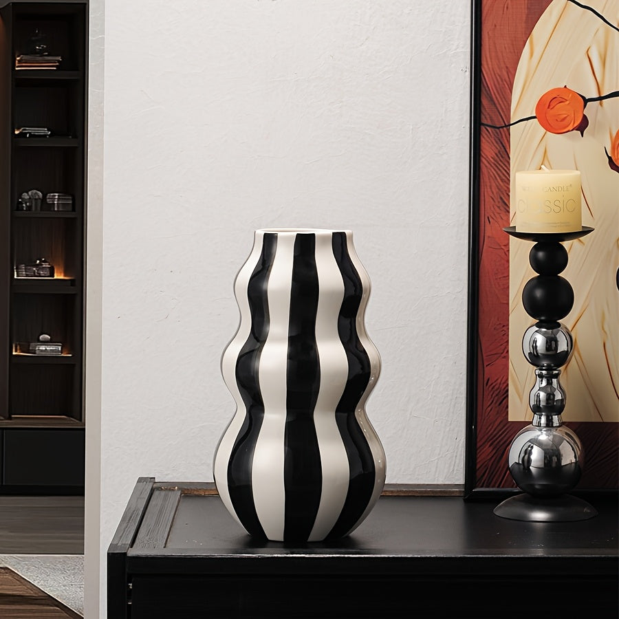 1pc Modern Ceramic Striped Vase – Elegant Cylindrical Design in Blue, Green, Red & White Stripes, Perfect for Hydroponic Plant Arrangements in Living Room, Balcony, or Home Decor, Living Room Accent | Modern Ceramic Vase |