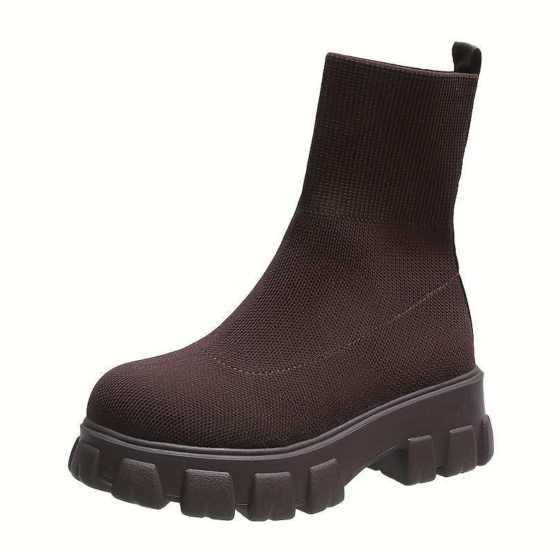 Women's Thick-soled Short Boots, Knitted Round Toe Shoes, Women Shoes
