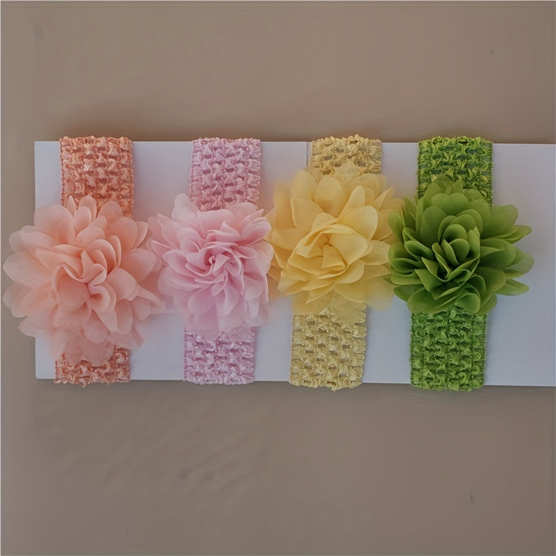 4pcs Cute Chiffon Flower Knit Headband, Soft Comfortable Breathable Elastic Headband, Decorative Hair Accessories Photography Props For Baby Girls