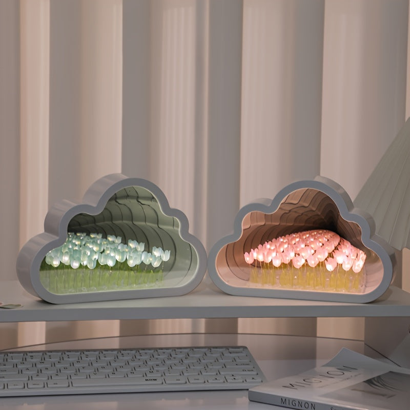 1pc Handcrafted Tulip Cloud LED Night Light with Mirror - Multicolor Flower Sea Glow, Adjustable Brightness, Battery-Powered Desk Lamp for Bedroom & Living Room Ambiance - Ideal Gift for Girlfriend, Best Friend on Christmas,