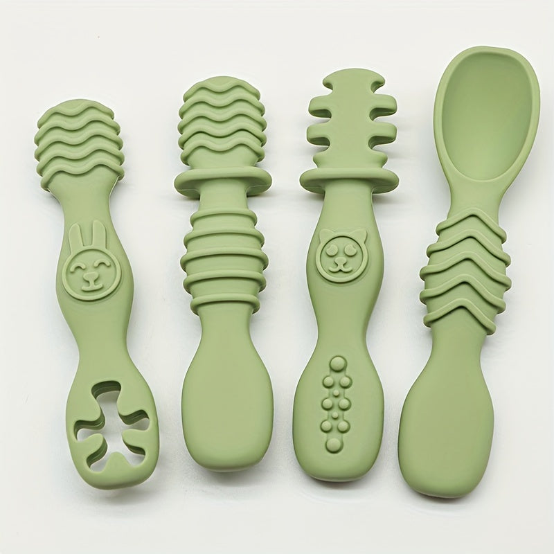 4pcs Baby Silicone Chewing Spoon Set, Food Grade Silicone Spoon And Fork Set, Silicone Spoon, Silicone Cutlery Training, Soft Feeding Cutlery