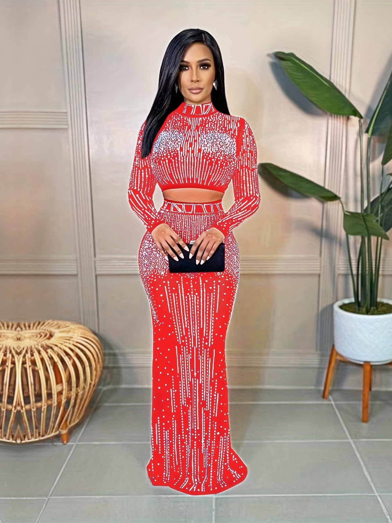 Party Dress Elegant Sexy Rhinestone Skirt Suit Women