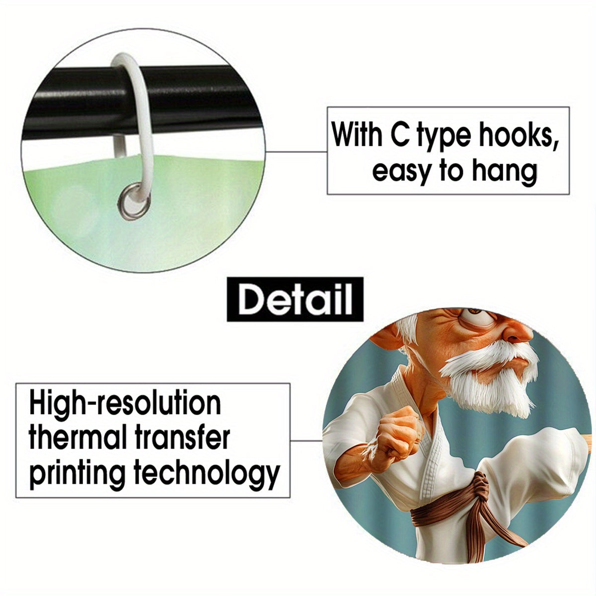 1/4pcs Kung Fu Cartoon Character Printed Shower Curtain Set, Bathroom Decoration Set Includes Waterproof Shower Curtain, Non-Slip Mat, Toilet Lid, Bathroom Mat, And 12 Plastic Hooks, Bathroom Accessories, Home Decor.