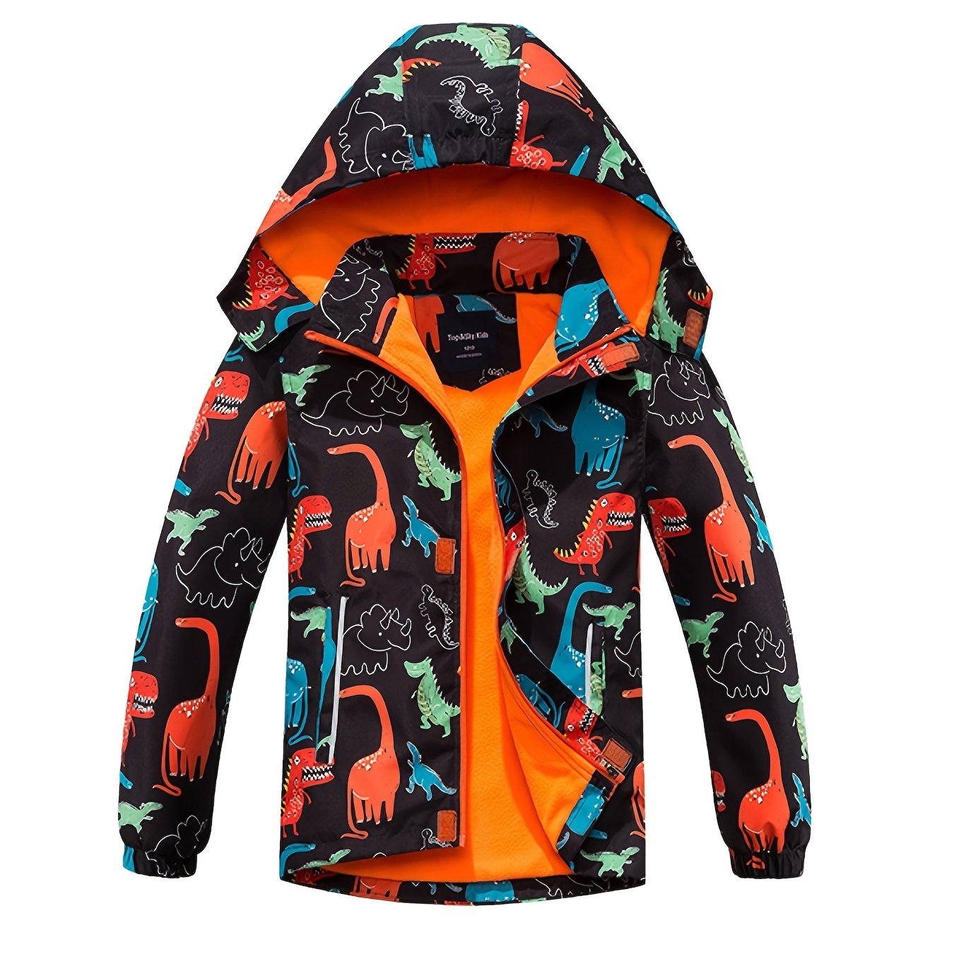 Boys' Dinosaur Jacket with Removable Hood & Windproof Fleece Lining - Lightweight Casual Zip-Up for Running, All-Season Playful Animal Print Coat, Dinosaur Clothes, Running Gear, Playful Design, Functional Zipper