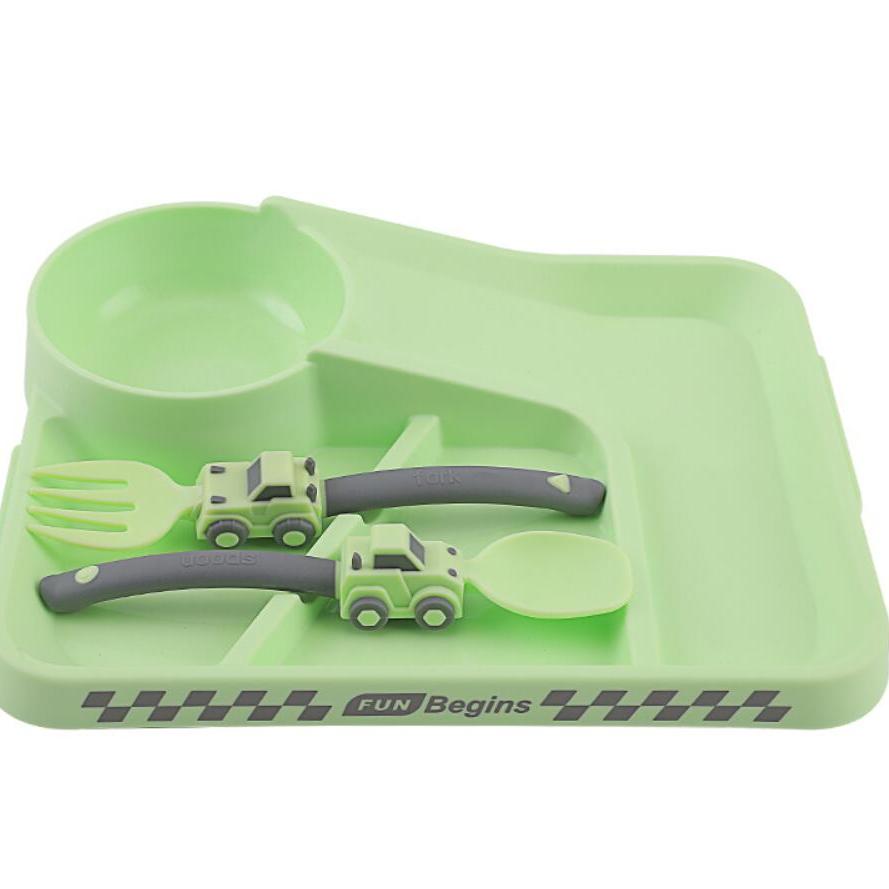 Children's Tableware Cartoon Racing Dinner Plate + Fork Spoon Independent Eating Divided Complementary Food Bowl Baby Suction Cup Non-slip Dinner Plate