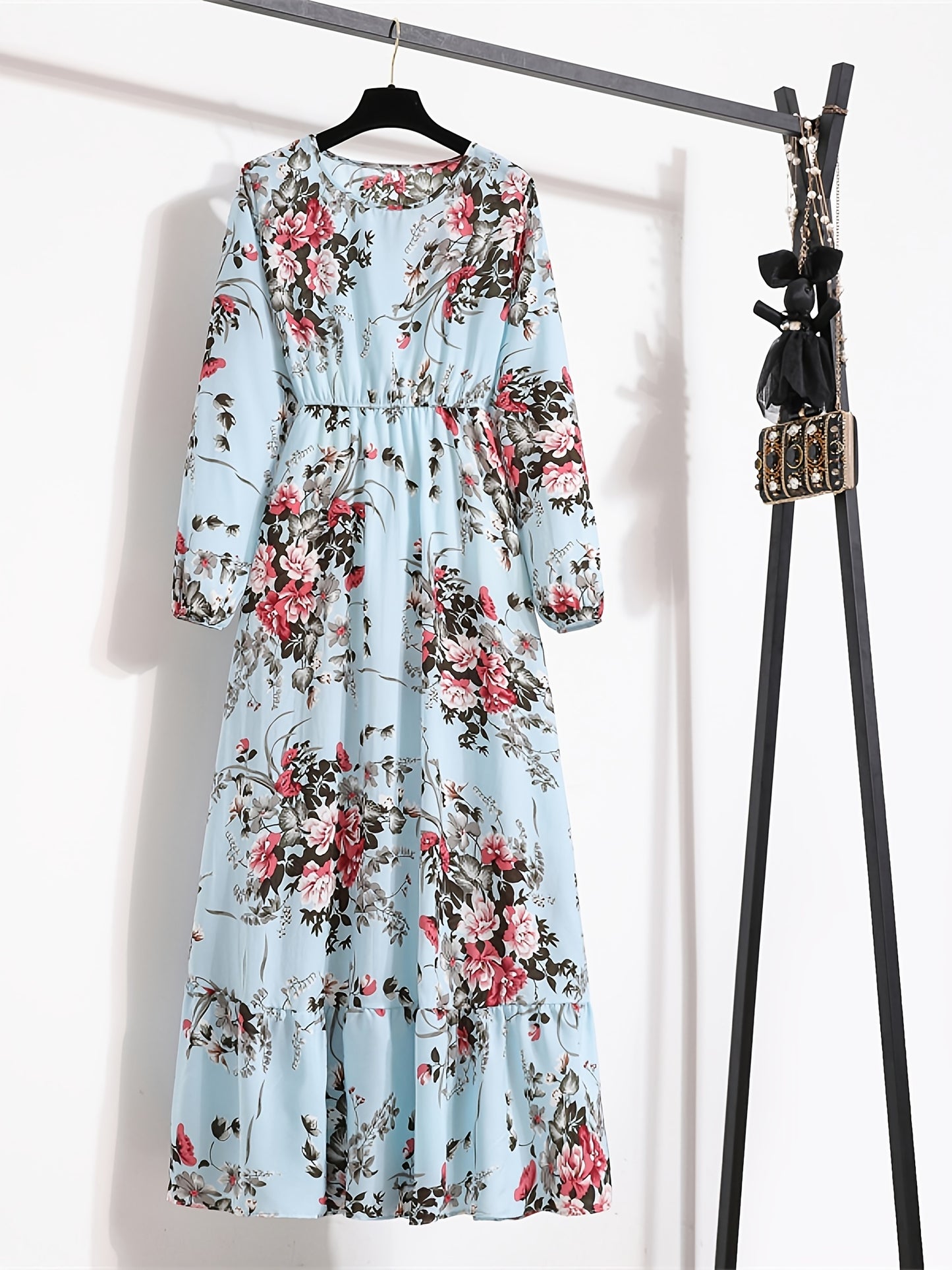 Bohemian Print Casual Party Long Dress with Ruffle Hem, Round Neck, Elastic Waist, and A-Line Silhouette
