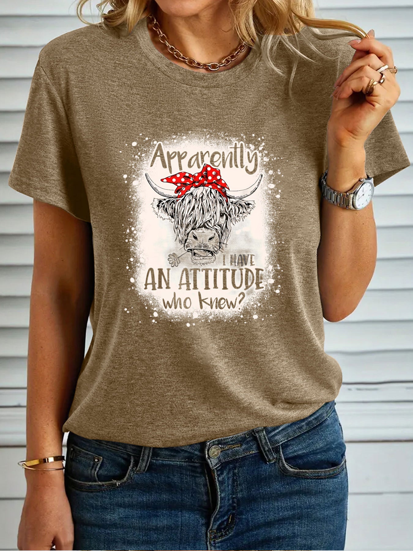 Women's Fashion T-shirt, "Apparently I Have An Attitude Who Knew" Highland Cow Pattern Casual Short Sleeve Top