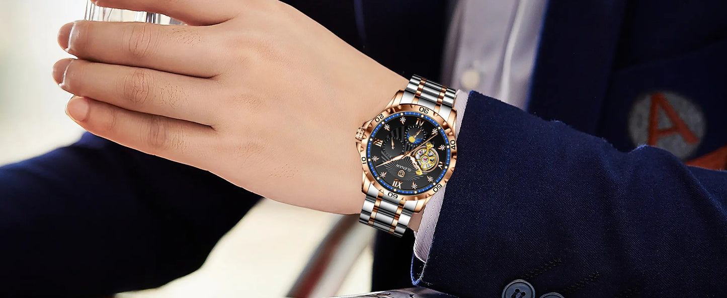Men's Luxury Skeleton Automatic Watch - Waterproof Stainless Steel Strap, Self-Winding Mechanical Movement, Ideal Gift for Him, Business, Anniversary, or Special Occasions