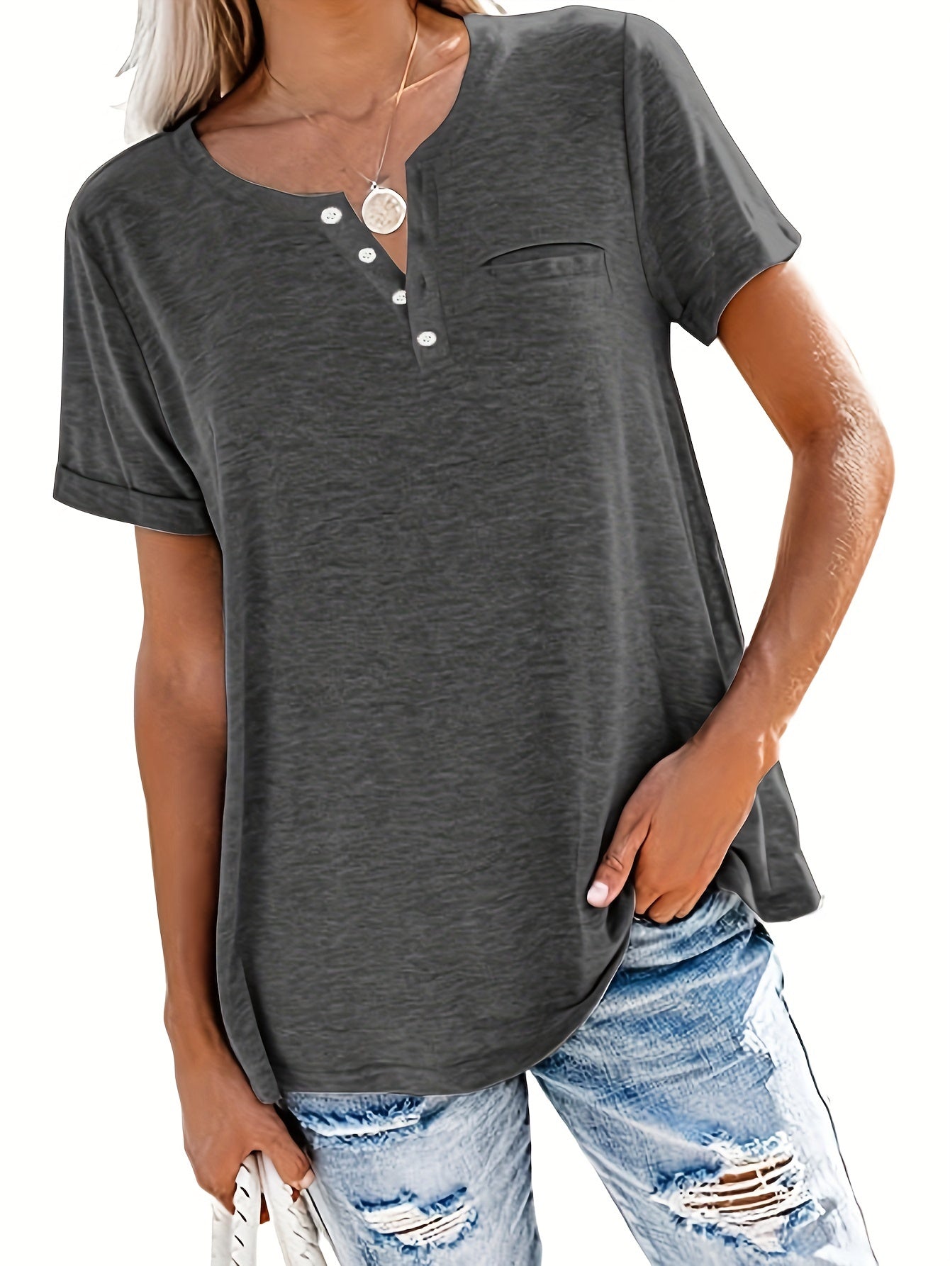 Plus Size Button Front Short Sleeve T-shirt, Women's Plus Slight Stretch Casual Tee