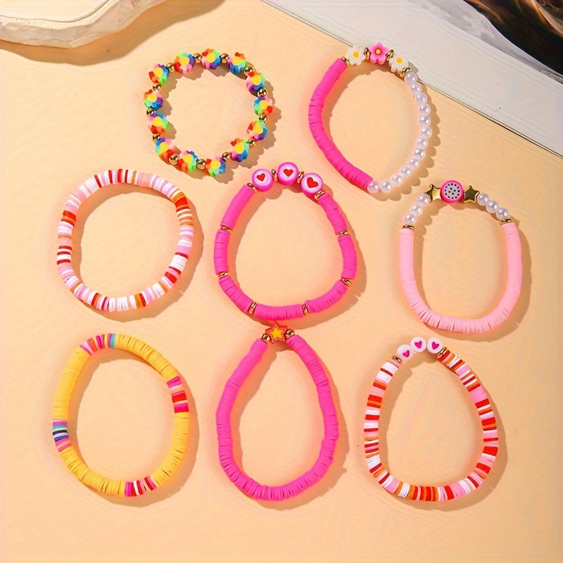 [Sweet Cute Bracelet Set] 8pcs Sweet Cute Pink Soft Clay Bracelet Set | Dragon Fruit Flower Heart Element for Women - Perfect for Valentine's Day and Music Festivals