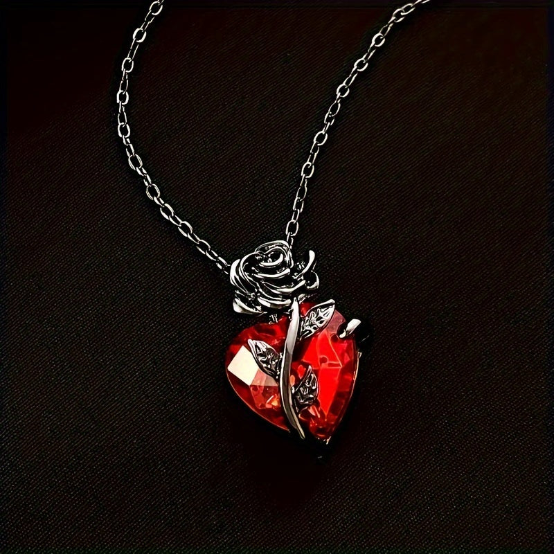 Elegant & Punk Style, Black Rose Shape With Red Heart Faux Diamond Pendant Necklace, Vintage & Delicate Twisted Flower Collarbone Chain, Valentine's Day Accessory