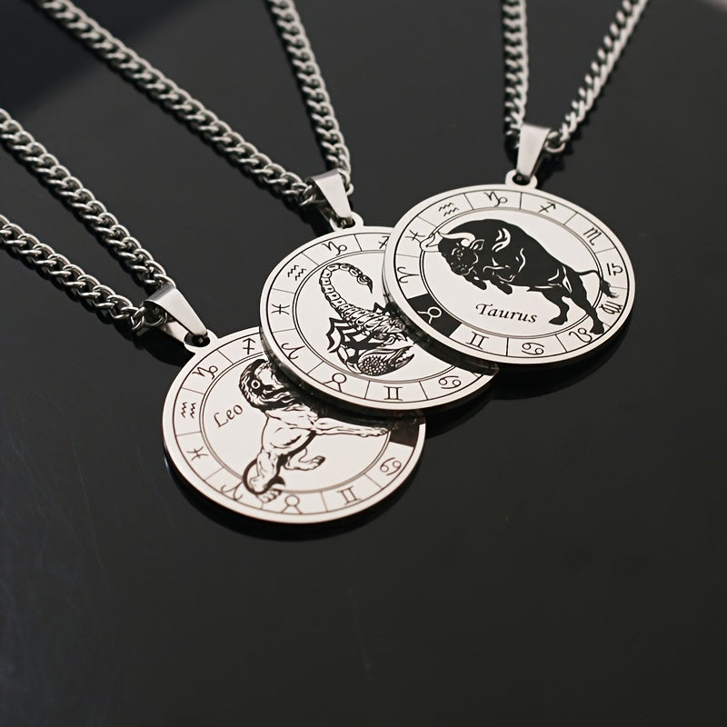 Stainless Steel Star Zodiac Necklace 12 Constellation Coin Pendant Necklace For Men Jewelry Gift For Birthday Anniversary